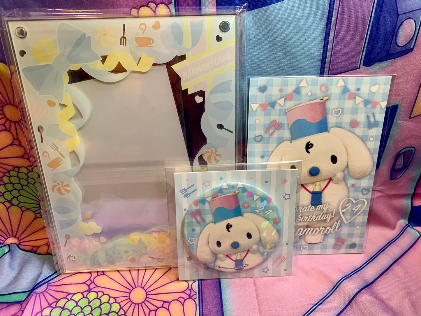 Set Cinnamoroll Birthday - Cadre photo / frame / Badge / birthday card - Sanrio Harmonyland 2023 - Comme Neuf