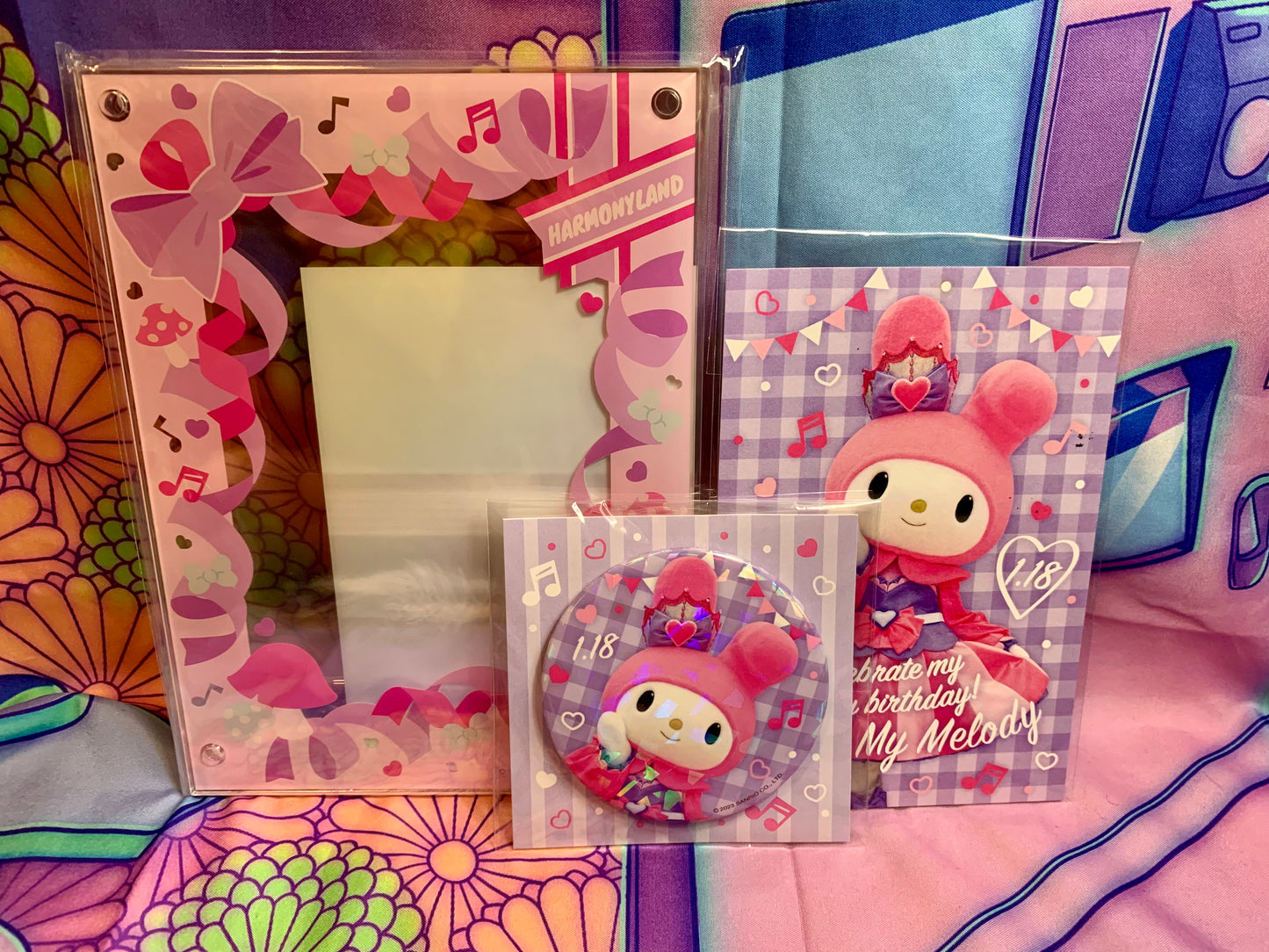 Set My Melody Birthday - Cadre photo / frame / Badge / birthday card - Sanrio Harmonyland 2023 - Comme Neuf