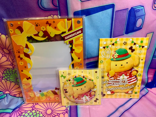 Pompompurin Birthday Set - Photo frame / frame / Badge / birthday card - Sanrio Harmonyland 2023 - Like New